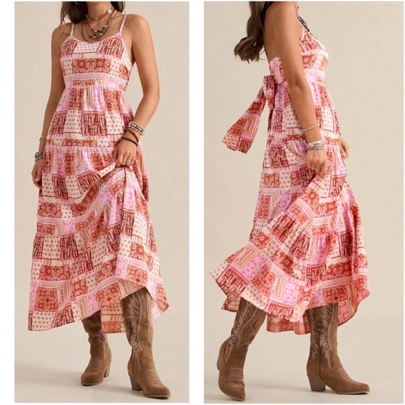 Boho Paisley Patchwork Print Tie back Ruffle Hem Dress - Picture 4 of 4